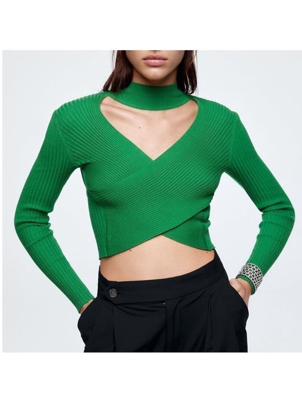 Zara woman cut out green cropped knit top sweater New with tag! Size L